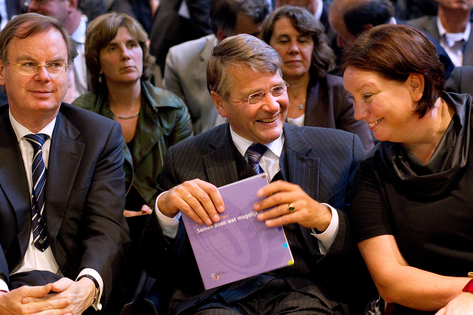 65 jaar Stichting van de Arbeid. V.l.n.r. Bernard Wientjes, minister Piet Hein Donner van Sociale Zaken en Werkgelegenheid, Agnes Jongerius. 